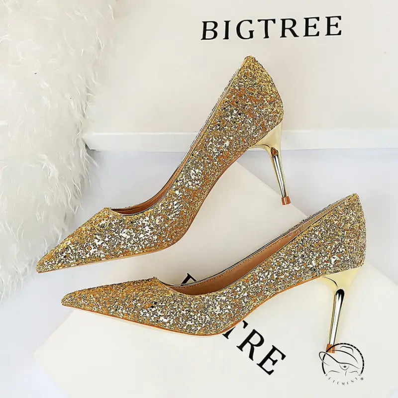 Sparkly gold stiletto heels in Langry fashion style