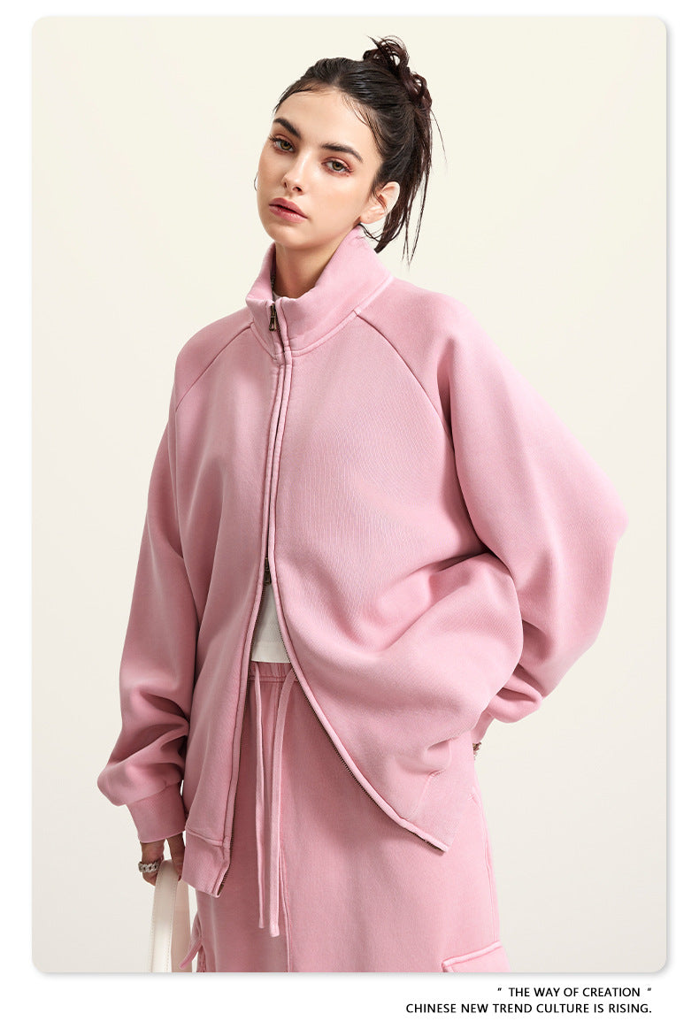 Pink zip-up fleece jacket with raglan sleeves from Langry, perfect winter fashion ملابس
