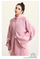 Pink winter heavy retro jacket with zip-up fleece and raglan sleeves