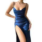 Elegant high slit seductive ice silk langry nightdress in deep blue satin