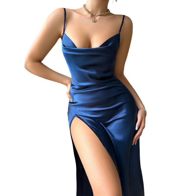 Elegant high slit seductive ice silk langry nightdress in deep blue satin