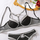 Black and silver bra set with love ring buckle and mesh details