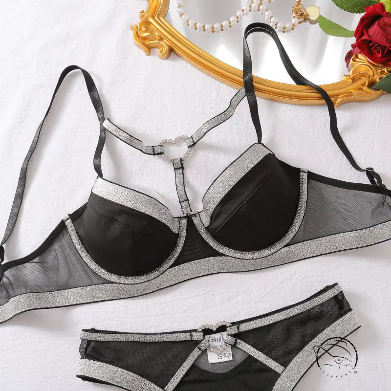 Black and silver bra set with love ring buckle and mesh details