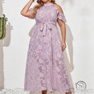 Langry fashion plus-size maxi dress in light purple floral pattern with cold shoulder ruffled sleeves and tie-waist belt
