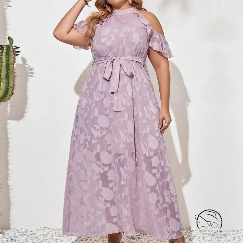 Plus-size langry fashion dress: purple floral with cold-shoulder sleeves