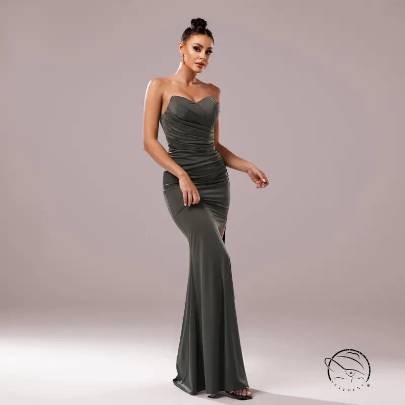 Strapless draped olive-green cocktail evening dress