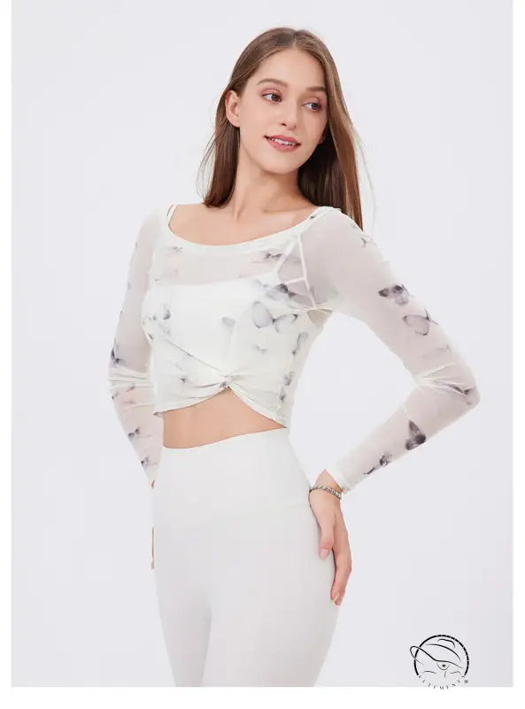 Floral Butterfly Faux Two Piece Sports t Shirt Women Long Sleeve with Chest Pad Yoga Clothes Mesh Top Quick Drying