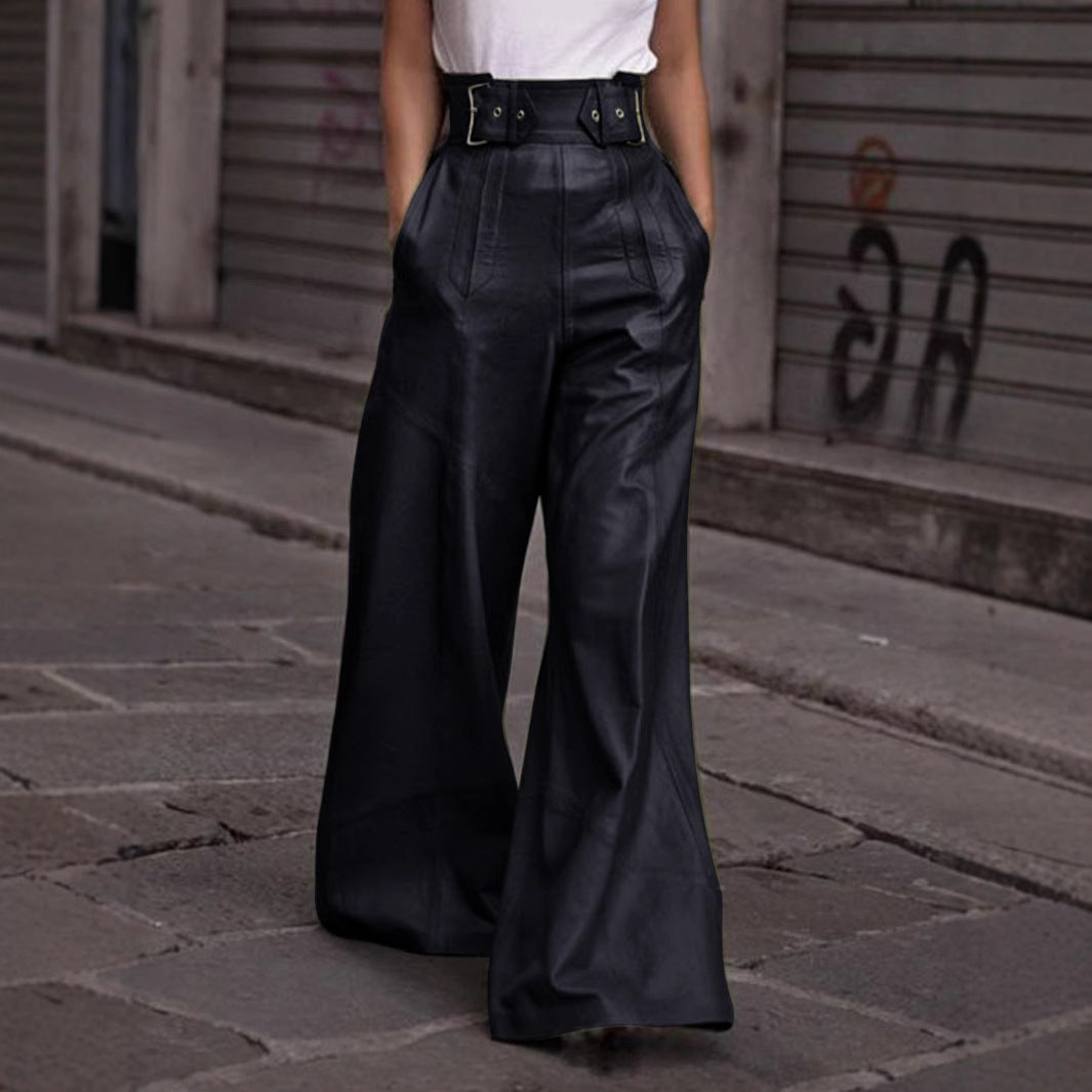 High-waisted faux leather langry fashion bell bottom pants with matching belt