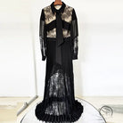 Elegant black lace and pleated langry floor-length fashion dress