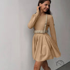 Beautiful woolen knitted tan long-sleeved dress with belt