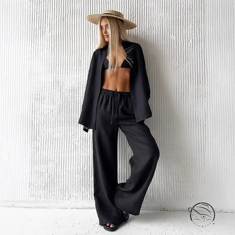 Stylish cotton shirt trousers casual set in black linen pantsuit fashion