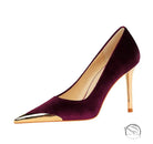Burgundy velvet langry fashion pump with gold toe cap and stiletto heel