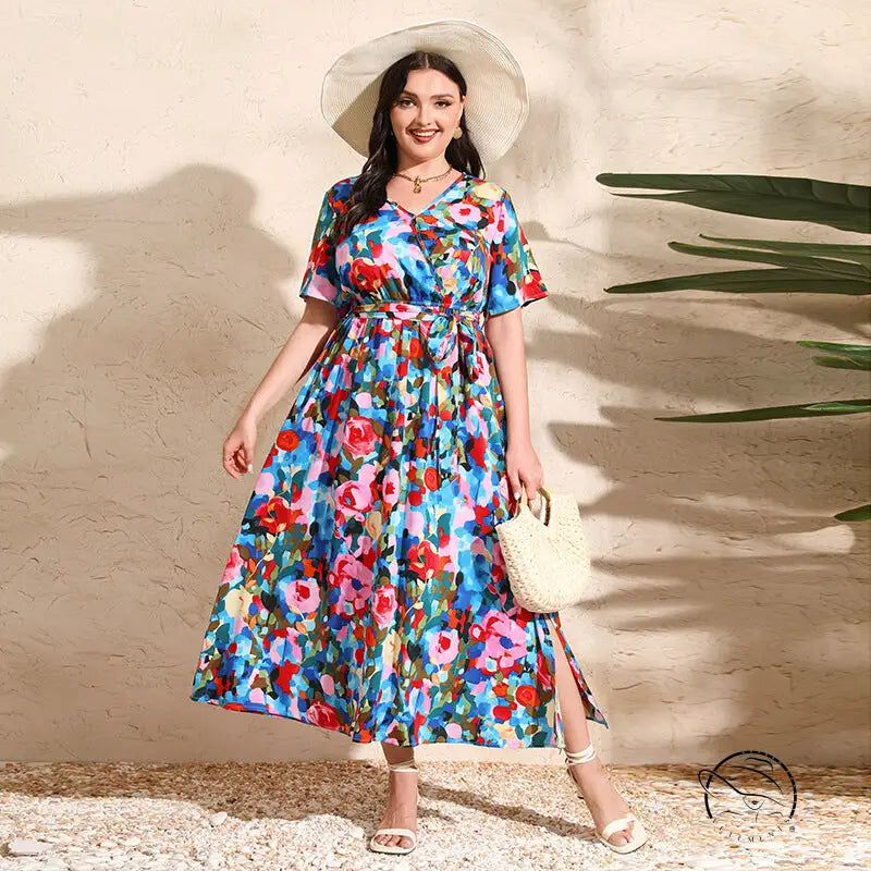 Colorful rose holiday dress with floral print wrap in v neck chiffon