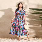 Colorful rose holiday dress with floral print wrap in v neck chiffon