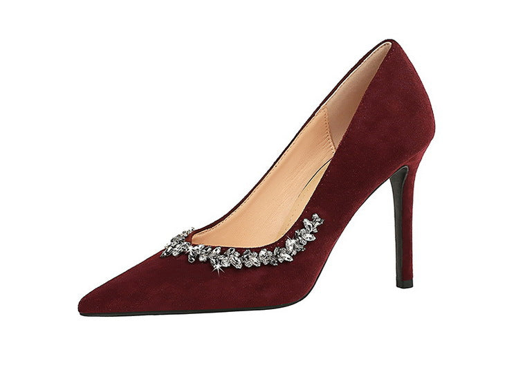 Langry fashion burgundy suede stiletto heel with rhinestone toe