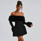 Black off-the-shoulder mini dress with faux fur trim, perfect for trendy fashion ملابس