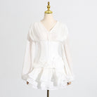 Elegant white ruffled blouse in Langry fashion, long sleeves and pleated bodice