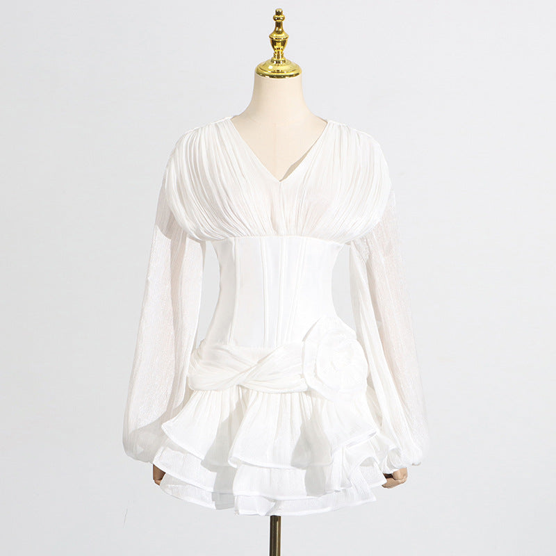 Elegant white ruffled blouse in Langry fashion, long sleeves and pleated bodice