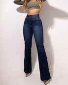 High-waisted dark-wash flare jeans in Beautiful Stretch Hip Lifting Denim Trousers fashion