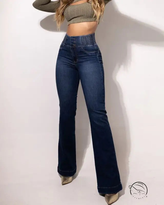 High-waisted dark-wash flare jeans with stretch hip lifting denim