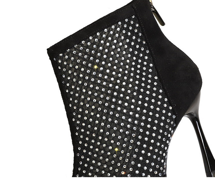 Langry fashion black studded ankle stiletto boot with zipper