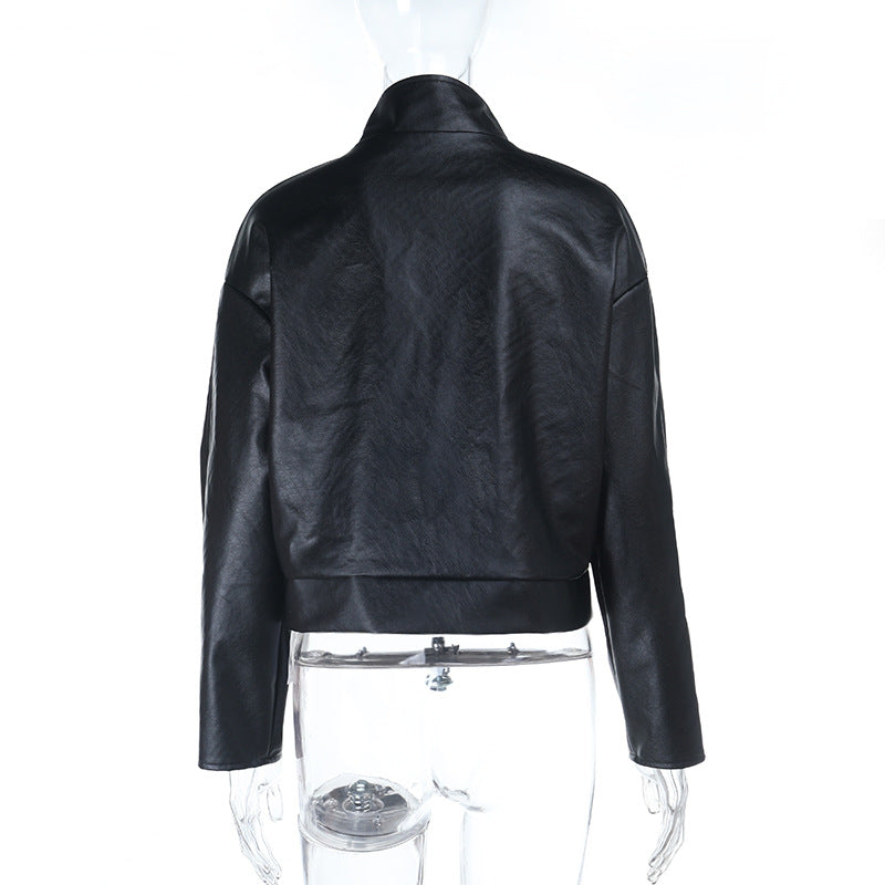 Fashionable Langry faux leather cropped jacket with high collar and zipper