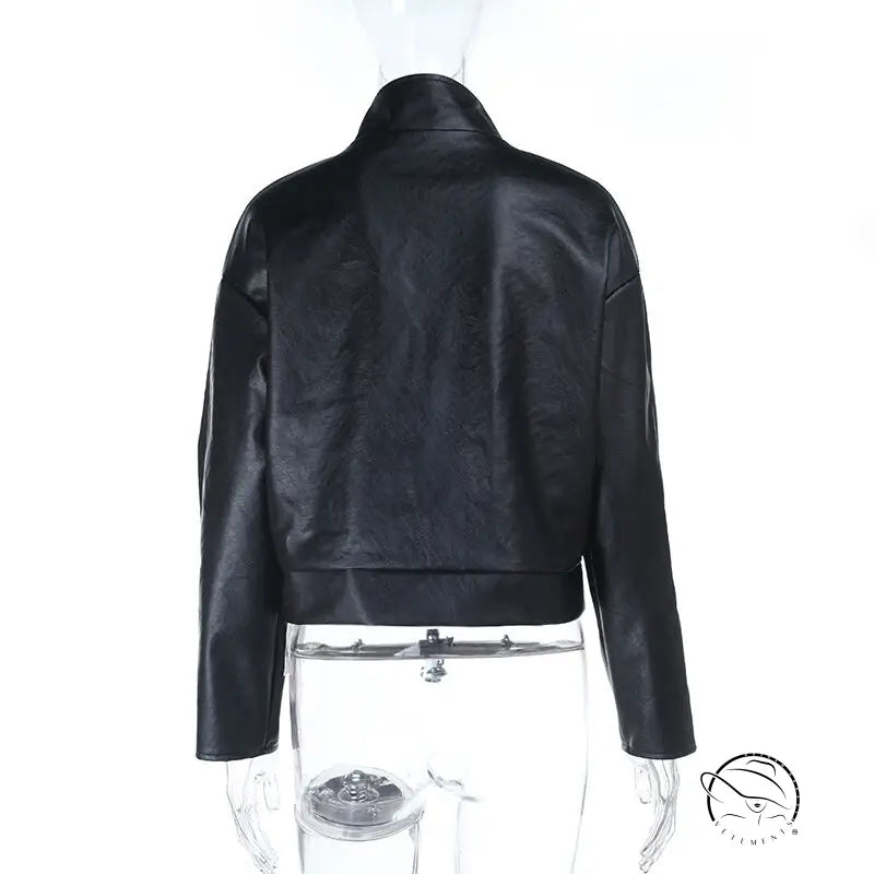 Fashionable faux leather matching jacket with high collar and zipper