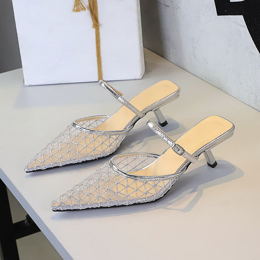 Langry fashion silver glitter mule heels with pointed toes and thin straps