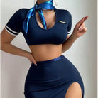 Navy blue flight attendant crop top with white trim and satin scarf, Cos Split lingerie fashion