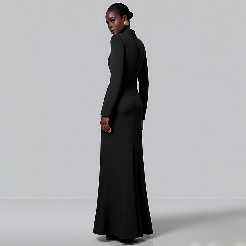 Autumn French high waist slim slit black maxi dress in langry fashion ملابس