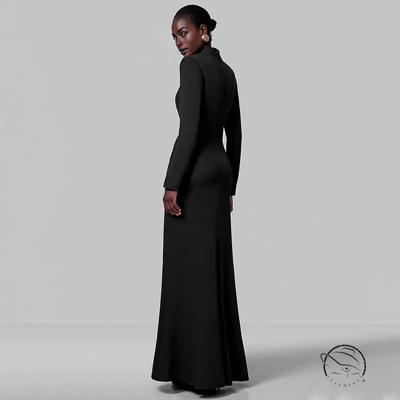 Autumn French high waist slim slit dress in black langry fashion