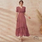 Mauve short sleeve langry fashion midi dress with v-neck and ruffle hem
