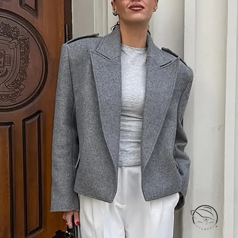 Gray woolen large collared short coat with military details and pockets