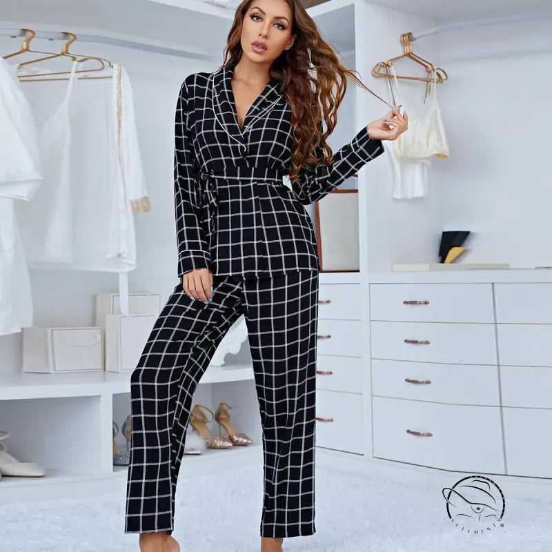 Comfy Plaid long sleeve black and white checkered pajama set with belted blazer and wide-leg pants