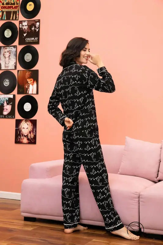 Black and white langry fashion pajama set in comfy cotton cardigan suit