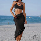Black three layer lotus beveled beach skirt set with ruffled asymmetrical hem