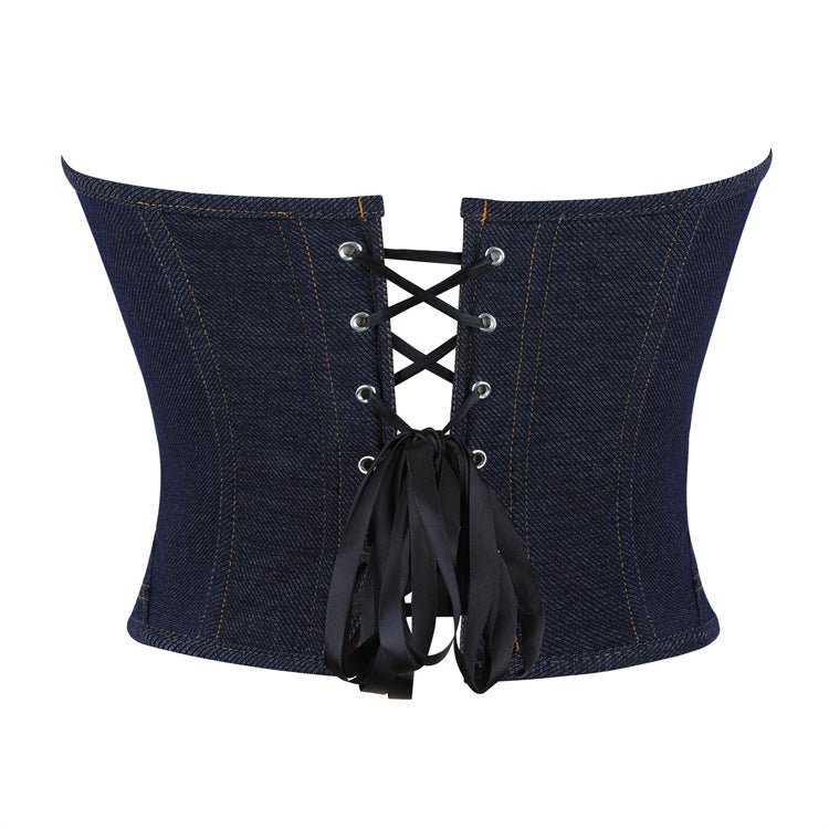 Langry fashion denim corset belt with black laces and steel ring cup