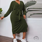 Elegant olive green ribbed knit midi dress with V-neck and self-tie belt