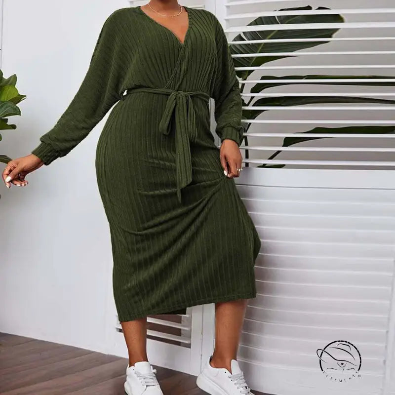 Elegant olive green ribbed knit midi dress with V-neck and self-tie belt
