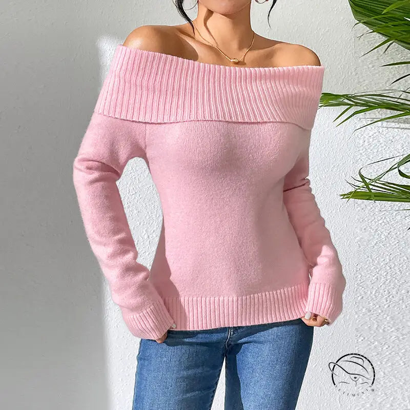 Pink knitted solid color bottoming sweater with off-shoulder design