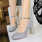 Waterproof Low Cut Square Toe Sequ Ankle Strap Shoes