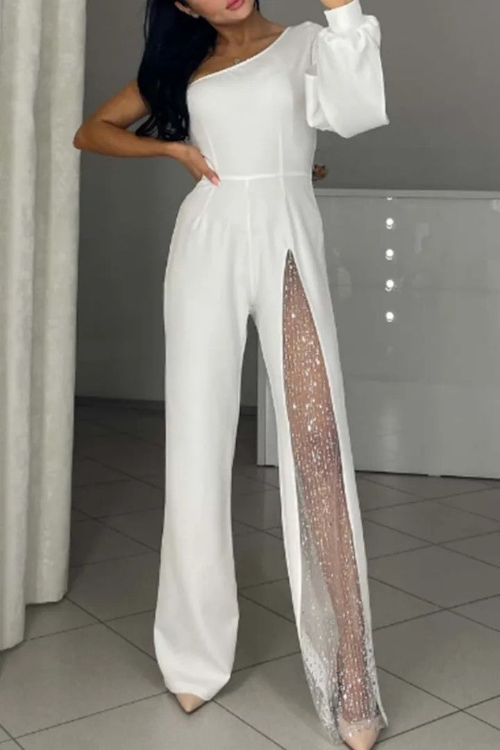 Elegant white one-shoulder jumpsuit with sequined slit from New Fall High Slit Jumpsuit collection, perfect for langry fashion and ملابس