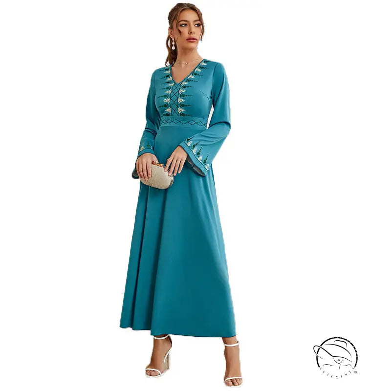 Teal long-sleeved maxi dress with white green embroidery, elegant v-neck fashion