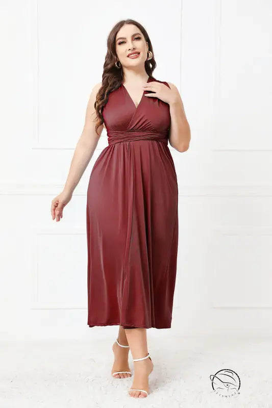 Elegant cross backless burgundy sleeveless midi dress