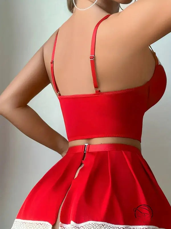 Red satin two-piece lingerie set with lace trim, hollow out cutouts, white edge maid fashion