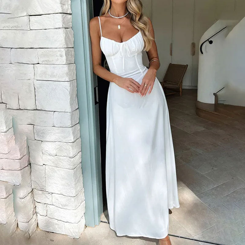 Elegant Lace up A line Dress featuring a stylish white spaghetti strap design
