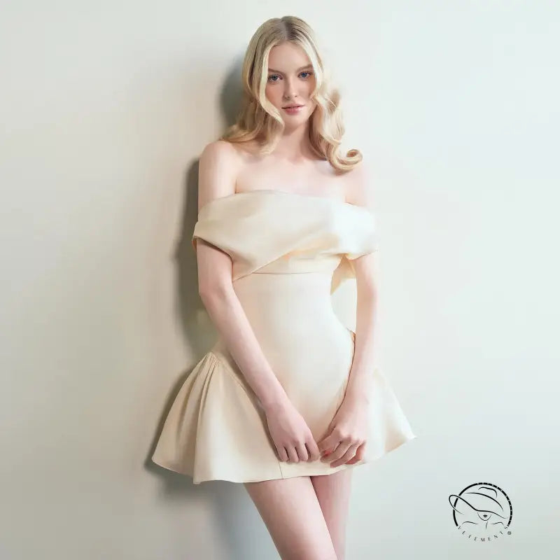 Langry fashion cream off-shoulder satin dress with ruffles