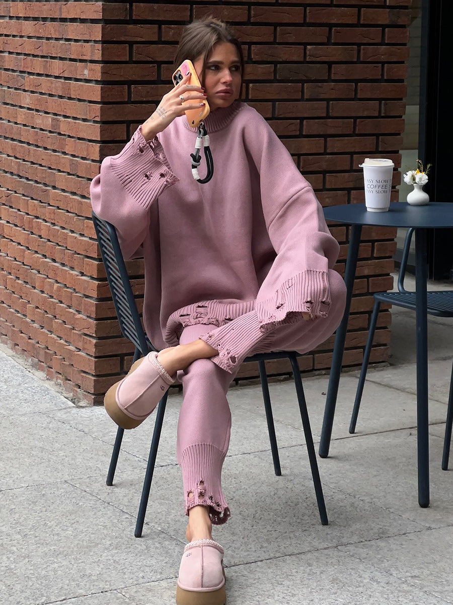 Winter Knitted Ankle Tight Pants Turtleneck Sweater Set