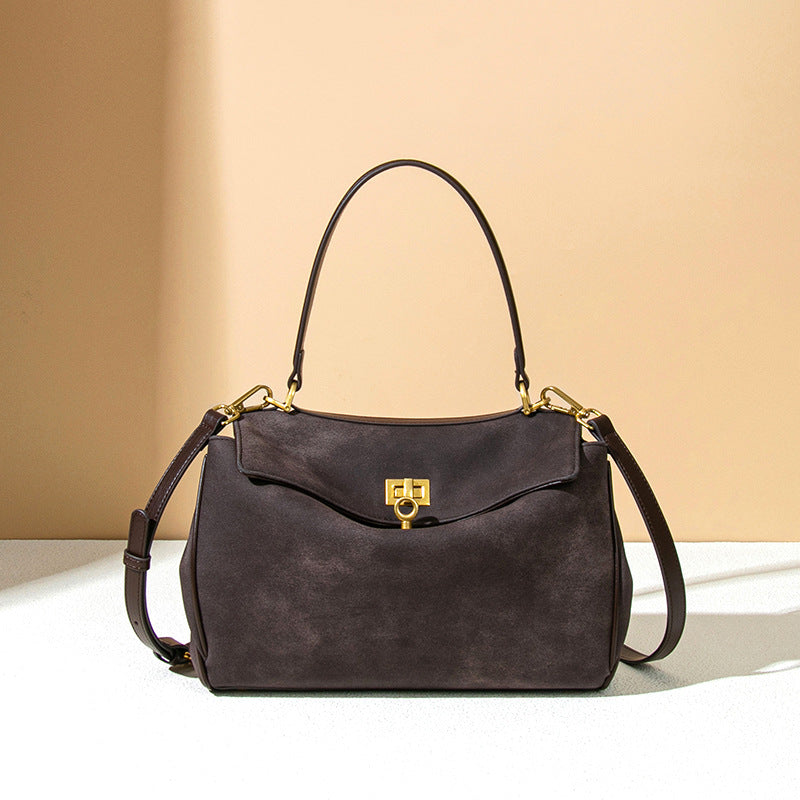 Brown leather handbag with gold hardware, Original Frosted Deerskin Bag for fashion elegance