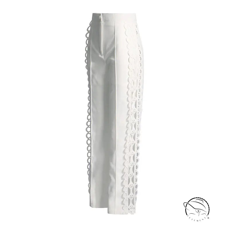 French artistic palace embroidery jumpsuit with white high-waisted wide-leg pants and scalloped trim